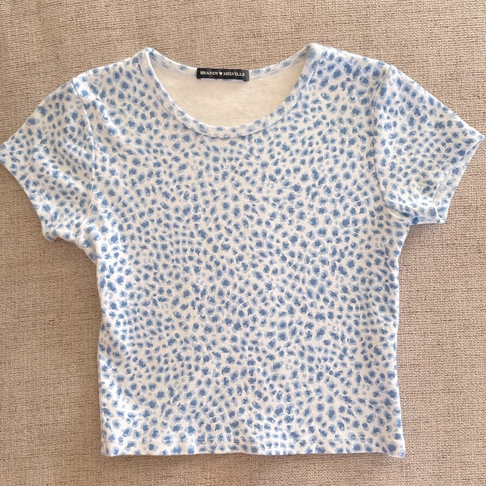 Brandy Melville White W/ Blue Pattern Shortsleeve Top